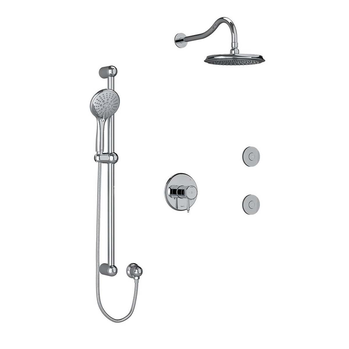 Riobel Retro Type T/P (Thermostatic/Pressure Balance) 1/2 Inch Coaxial 3-Way System Hand Shower Rail Elbow Supply Shower Head And 2 Body Jets - Chrome
