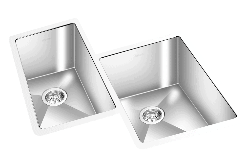 GEM double bowl under mount satin corner sink 27”x23”x 9″